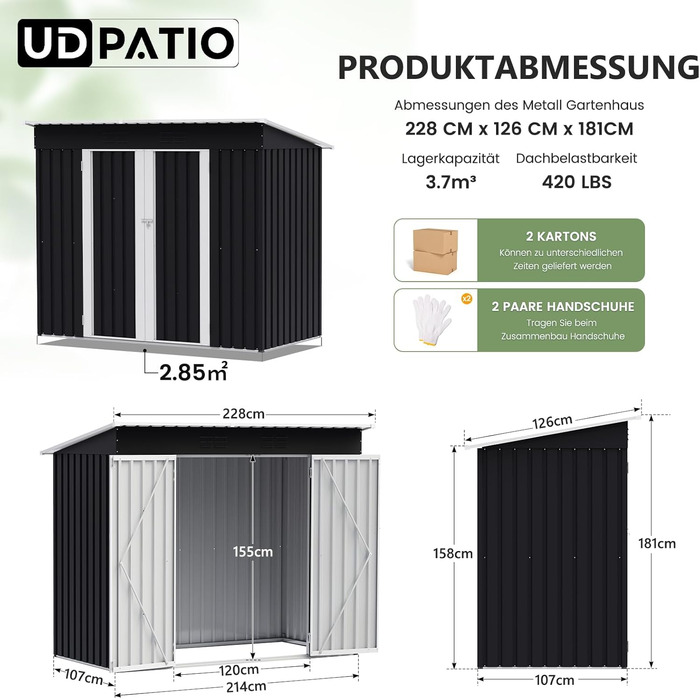Садовий будинок UDPATIO металевий 4 м³ 228x121x181 см для двору, гараж для велосипедів, оцинкована сталь, двері з замком, темно-сірий