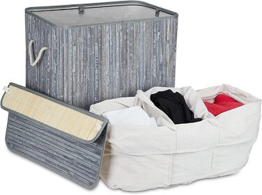 Сортувальник для білизни Relaxdays, 3 секції, з кришкою, прямокутний, 62x62,5x42,5 см, бамбук, сірий/білий