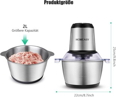 Електрична подрібнювачка для кухні HOMEASY 350Вт, 2 л, з двома швидкостями, 4 леза з нержавіючої сталі, універсальна для м'яса, овочів, фруктів, цибулі