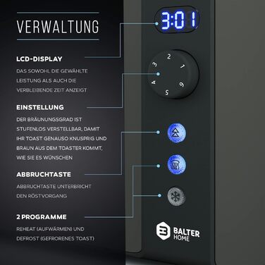 Тостер Balter TS-04-LCD на 4 тости, довгий слот, нержавіюча сталь, підставка для булочок, LCD-дисплей з таймером, функція розморожування, автоматичне центрування хліба, висувний піддон для крихт, чорний