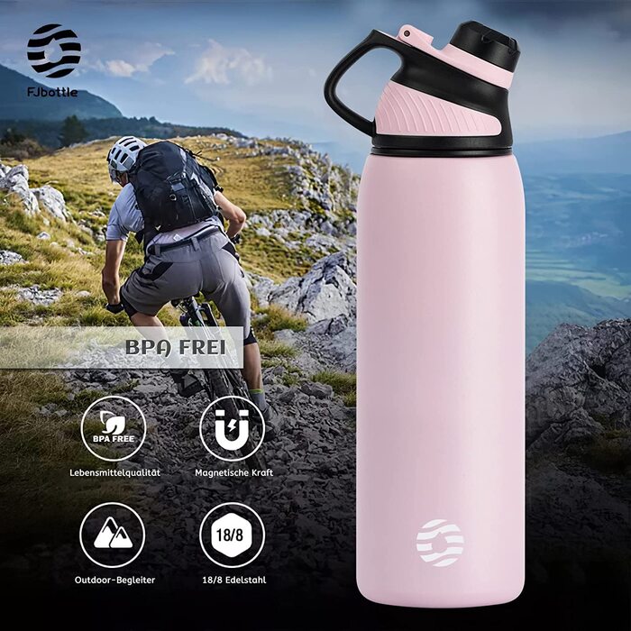 Спортивна термопляшка Fjbottle з нержавіючої сталі з магнітною кришкою, герметична та без BPA, для води та газованих напоїв, 1000 мл, Рожева