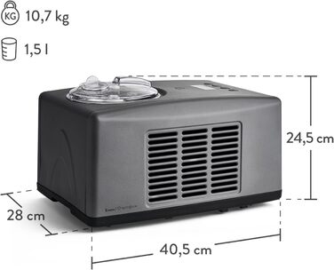Електрична морозивомашина Springlane 1.5L з самоохолоджуючим компресором 150W, з нержавіючої сталі, знімний контейнер для льоду, рецептурник (Антрацит, Emma + 2 сірі контейнери для зберігання)