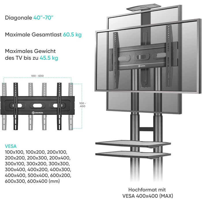 Мобільна стійка для телевізора ONKRON 40-70'' до 45,5 кг, чорна, з колесами та полицями, регульована висота, VESA 600x400