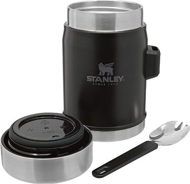 Термос для їжі Stanley Classic Legendary 400 мл з ложкою-виделкою, нержавіюча сталь, тримає тепло/холод 7 годин, BPA-free, чорний матовий, для їжі, для обіду, термобокс, придатний для миття в посудомийці