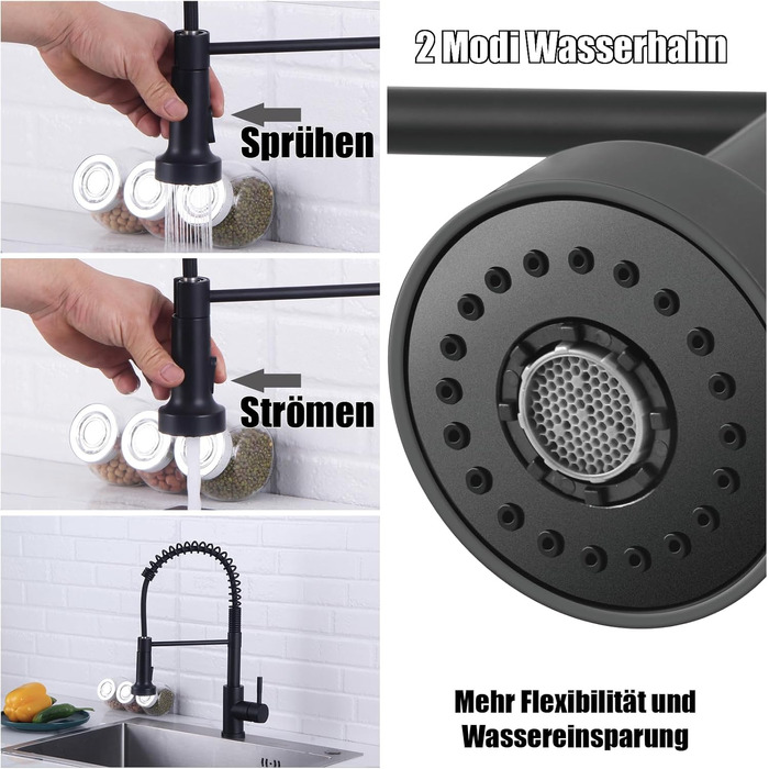 Змішувач для кухні чорний високий з висувним душем Wasserhahn, поворотний на 360°, 2 режими струменя, нержавіюча сталь, матовий чорний