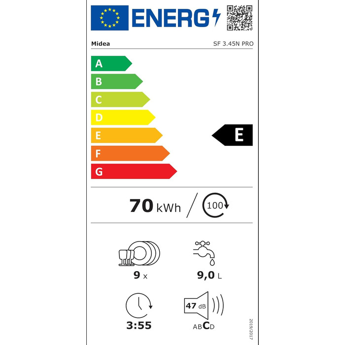Посудомийна машина Midea SF 3.45N PRO: 9 комплектів, Inox, Wi-Fi, 47 dB, 45 см, енергоклас E