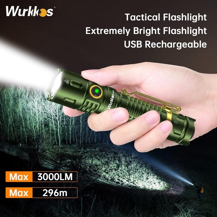 Wurkkos TD04 тактичний ліхтар 3000 люмен, світлодіодний, акумуляторний, надяскравий, 8 режимів, IP68 водонепроникний для вулиці та дому