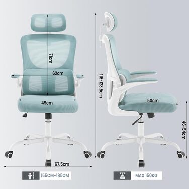 Офісне крісло WOLTU BS161blws, ергономічне, сітка, обертальне, регульована висота, синє, 150 кг, регульована підголівник і поперекова підтримка, відкидні підлокітники, функція гойдання
