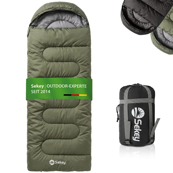 Спальний мішок Sekey 220x80 см, 3-сезонний конверт-ковдра 2-в-1 (10°C до 20°C), з вентиляцією для ніг та антизащемним замком, для кемпінгу та відпочинку на природі, зелений