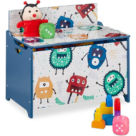 Скриня для іграшок Relaxdays у вигляді монстра, з кришкою, 50x60x36,5 см, МДФ, ігровий ящик синьо-білий