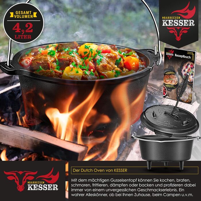 Набір голландських казанів KESSER® для приготування на грилі та в духовці, 4.2 л, чавун, з кришкою та термометром, чорний