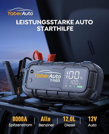 Бустер для автомобіля YaberAuto 8000A, пусковий пристрій Powerbank 26800mAh, 65W USB-C PD, для бензинових та дизельних двигунів до 12.0л, з ліхтарем 600 Лм