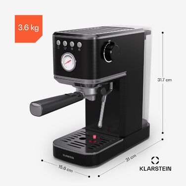 Кавоварка рожкова Klarstein SteelPresso Slim, 20 Бар, 1350 Вт, 1,2 л, парова насадка, нержавіюча сталь, компактна, легке очищення, чорна
