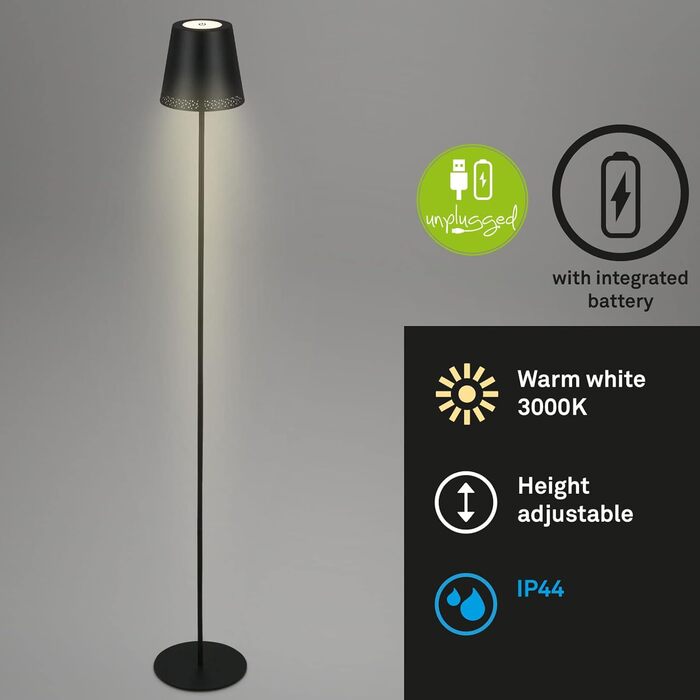 BRILONER – LED акумуляторний торшер 3 в 1, ступінчасте затемнення, сенсорне керування, бездротова, чорна, для вулиці