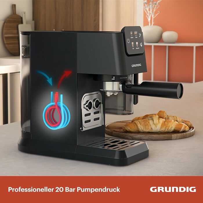Еспресо-машина GRUNDIG KSM 6430 з вбудованим контейнером для молока, 1628 Вт, 20 бар, 2-дозова, Touch-Display, BrewSense, CreamyPro, Dark Inox/Schwarz, сумісна з капсулами та падами