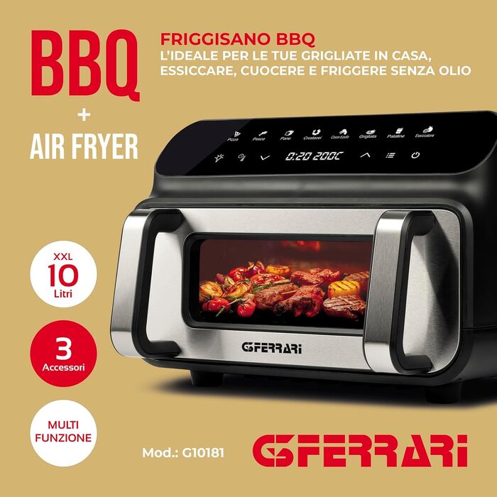 Мультифункціональна аерофритюрниця та BBQ-гриль G3 Ferrari Friggisano BBQ G10181, 2000 Вт, 10 л XXL, 8 програм, бездимовий гриль, BPA- та PFOA-safe, чорний/сріблястий