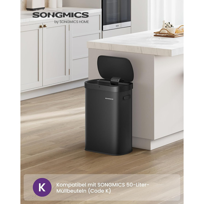 SONGMICS Сміттєве відро з сенсором, автоматичне, 50 л, відкриття рухом руки/дотиком, Softclose-кришка, сталь, 15 мішків, чорний LTB640B02