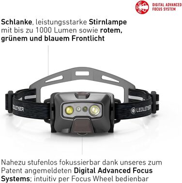 Налобний ліхтар Ledlenser HF6R Signature 1000 люмен, акумуляторний, водонепроникний IP68, RGB світло, чорний, для туризму та активного відпочинку