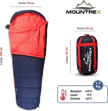 Спальний мішок MOUNTREX мумія 3 сезони, 1500 г, ультралегкий, компактний, для кемпінгу, подорожей та фестивалів, темно-синій/червоний, утеплений, з'єднуваний, правий замок