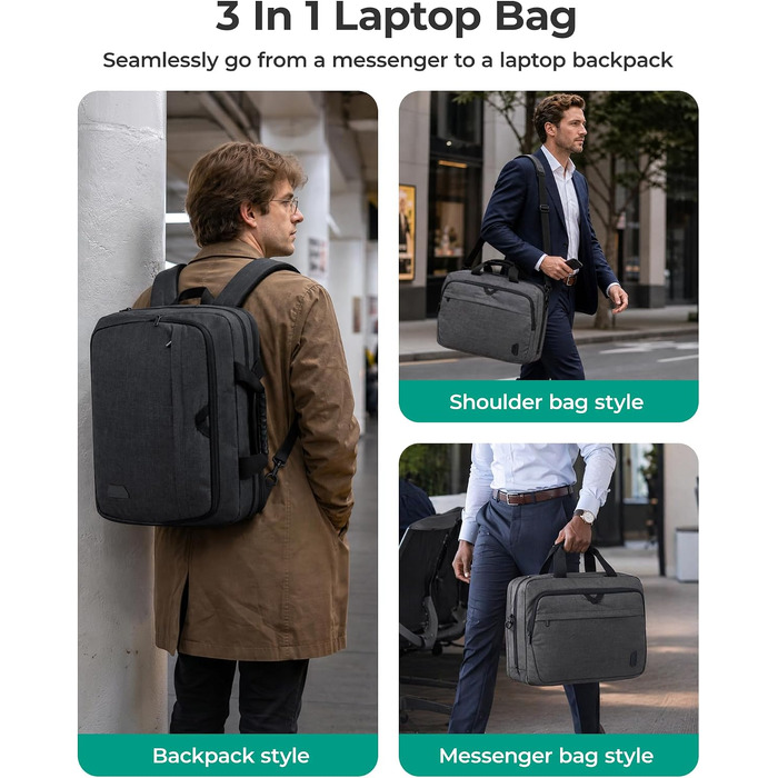 Сумка для ноутбука Bagsmart 17.3 дюймів, розширювана ділова сумка-месенджер для чоловіків та жінок, чохол для ноутбука з замком для офісу та подорожей (Чорний)