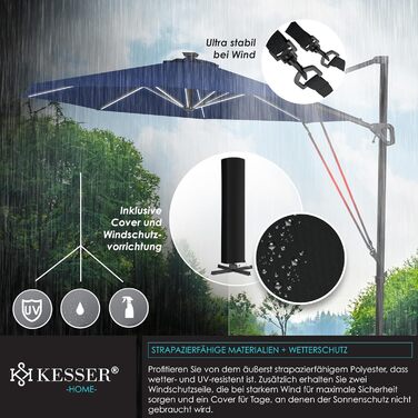 Сонячна парасолька KESSER XL 330 см з LED-підсвічуванням, сонячною батареєю, чохлом, вітрозахистом, 7-позиційним регулюванням, нахилом, обертанням 360°, для саду, з ручкою, захист від UV50+, темно-синя
