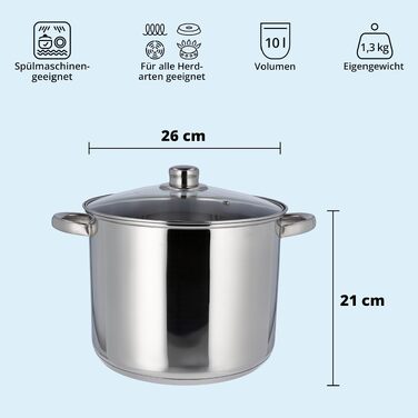 Каструля KHG Topf 26 см, 10 л, нержавіюча сталь, для індукційних плит, срібляста