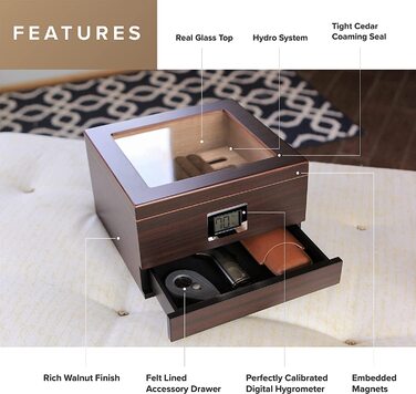 Ручний хьюмідор Case Elegance з кедра з цифровим гігрометром, зволожувачем та шухлядою для аксесуарів, на 25-50 сигар, коричневий