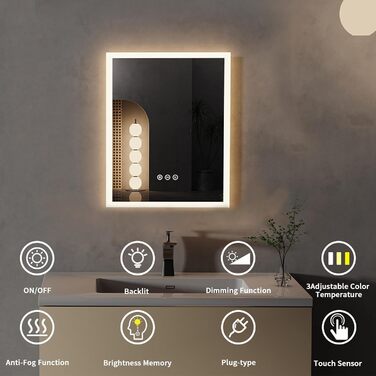 Дзеркало для ванної кімнати LED LUVODI 40x50 см з підсвічуванням, сенсорне керування, 3 кольори, регулювання яскравості, антизапарник