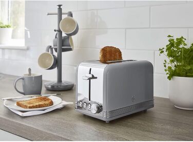 Тостер Swan Retro ST19010GRNEU на 2 скибки, широкий слот, вінтажний дизайн, 3 функції (розморожування, підігрів, скасування), 6 режимів, нержавіюча сталь, сірий, 815 Вт