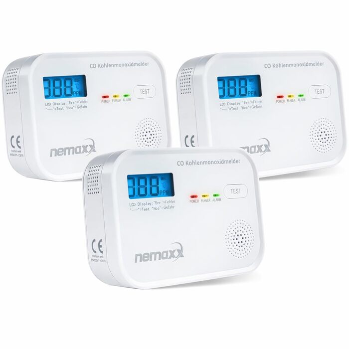 Детектор чадного газу NEMAXX® CM18 з LCD-дисплеєм, електрохімічний сенсор, 85 дБ, стандарт EN 50291-1:2018, термін служби 10 років (набір 3 шт.)