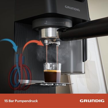 Еспресо-кавоварка GRUNDIG KSM 5330 з молочним контейнером, 1628 Вт, 15 бар, двійна насадка, сенсорний дисплей, BrewSense, CreamyPro, нержавіюча сталь/чорна