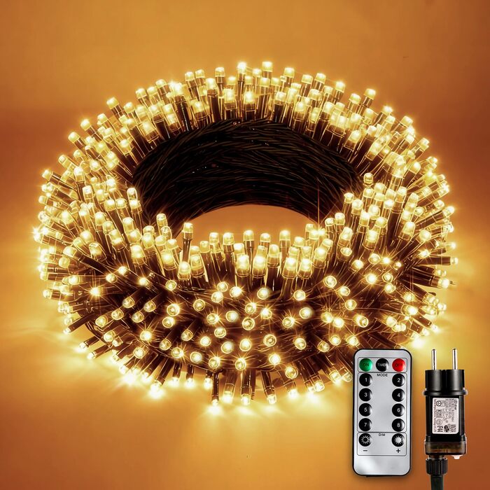 Світлодіодна гірлянда для ялинки та вулиці 500 LED, 30м, теплий білий колір, водонепроникна з таймером та 8 режимами освітлення, зелений кабель
