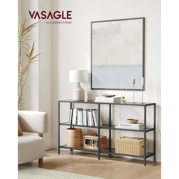 VASAGLE консольний стіл із 3 полицями з загартованого скла, 130x30x73 см, металевий каркас, сучасний, для коридору, вітальні, спальні, чорний/сірий