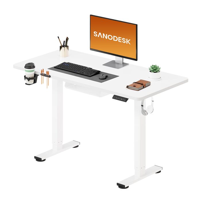 Регульований по висоті стіл SANODESK 110x54 см - компактний стоячий стіл з антиколізійною системою, білий