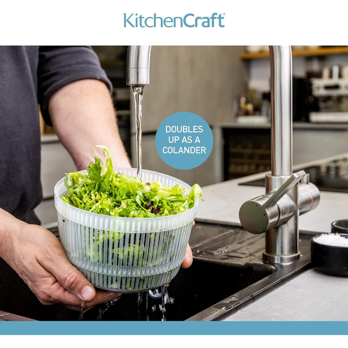 Міні-салатниця-центрифуга KitchenCraft, універсальна, 19 см – для миття та сушіння салату, овочів, компактна, пластикова