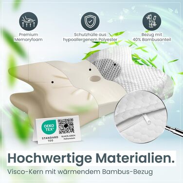 Ергономічна подушка для шиї та голови Gentle North з ефектом пам'яті (Memory Foam), універсальна для будь-якої пози сну, зі знімним чохлом, світло-сіра (61x40x12 см)