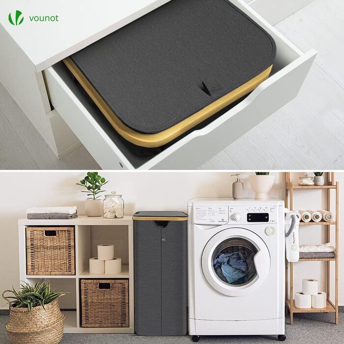 Складаний кошик для білизни VOUNOT 100 л з кришкою, знімні мішки, вузький, сірий