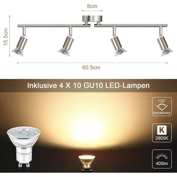 Стельовий LED світильник Defurhome на 4 поворотні споти, сучасна люстра-спот у кольорі матовий нікель для кухні, вітальні та спальні, з 4 лампами GU10 по 4W (тепле біле світло), сріблясто-сірий