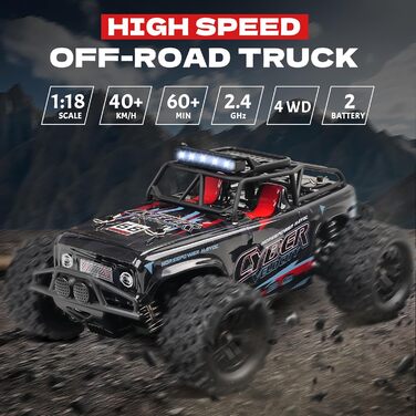 Радіокерований позашляховик 1:18, 4WD, 40 км/год, 2 батареї, 2.4GHz, чорний - іграшка для дітей та дорослих