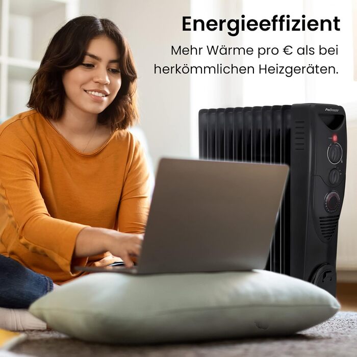 Масляний обігрівач Pro Breeze 2500W, електричний радіатор з 11 секціями, 3 режимами нагріву, термостатом та 24-годинним таймером, захист від перегріву та перекидання, чорний