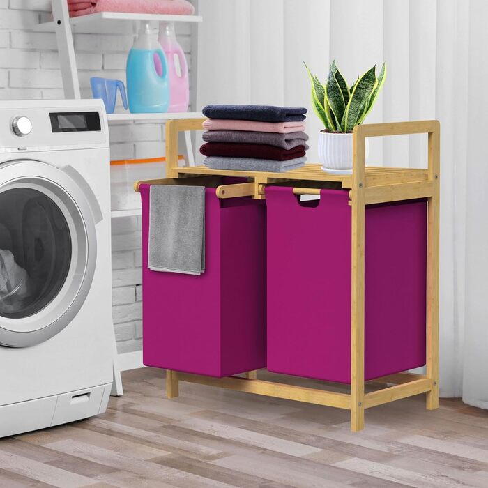 Бамбуковий кошик для білизни ML-Design, магента, 60 л, з 2 відділеннями та висувними мішками, з полицею, для ванної