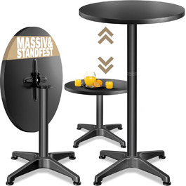 Стіл Casaria® 2в1: регульована висота, складний, Ø 60 см, чорний. Для саду, тераси, дому. Алюмінієвий, погоджування стійкий, 70-115 см