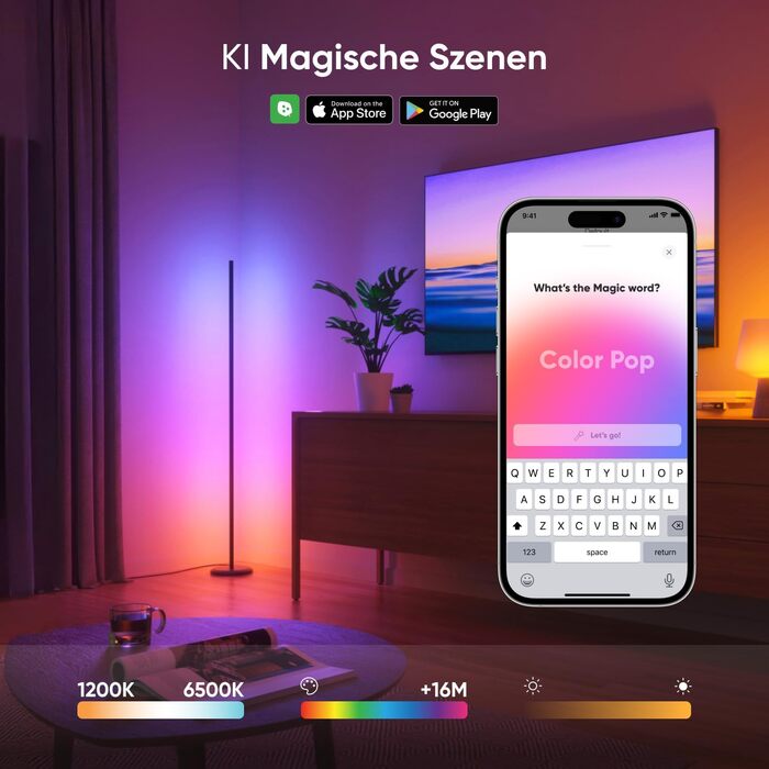 Наноліф Matter Розумна Підлогова Лампа RGB IC LED Диммер, Синхронізація з Музикою, Градієнтні Сцени, 1700lm, Управління через Додаток та Голосові Помічники (Alexa, Apple), Декор для Спальні та Геймінгу (Чорна)
