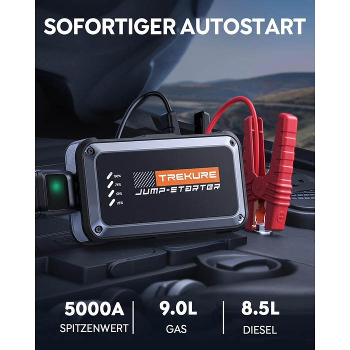 Бустер для автомобіля TREKURE 7000A: Пусковий пристрій (Powerbank) для бензинових двигунів до 9л та дизельних до 6.5л, з функцією примусового запуску, магнітним кріпленням та 4-в-1 LED робочим світлом, сріблястий