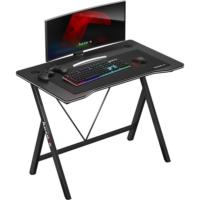 Геймерський стіл Huzaro Hero 1.4 Black 100x50 см, сталевий каркас, карбонова стільниця, отвори для кабелів, для дому та офісу, чорний