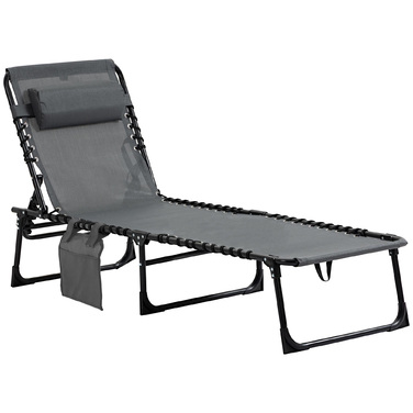 Складний садовий шезлонг Outsuuny Sun Lounger з подушкою, бічна кишеня, шезлонг з регульованою спинкою в 5 напрямках, стійкий до погодних умов шезлонг для кемпінгу з навантаженням до 120 кг, для садового пляжного басейну, сірий
