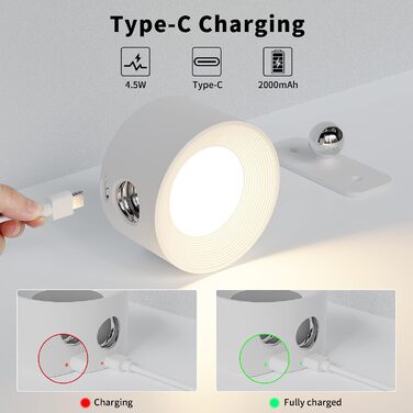 Aourow LED настінний світильник на батареї, акумуляторний, з USB-зарядкою, сенсорним керуванням, 3 режимами світла і яскравості, бездротова лампа для читання в спальні, білий