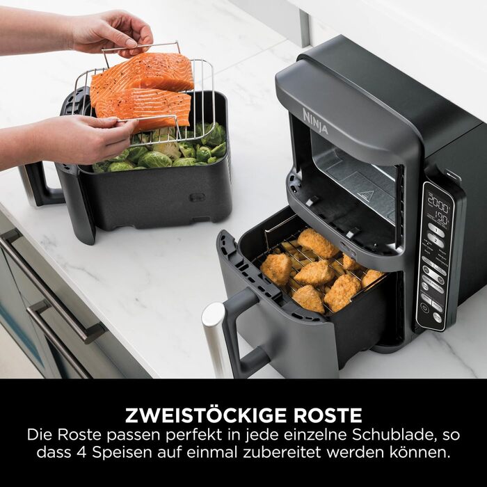 Вертикальна аерофритюрниця Ninja Double Stack XL Air Fryer 9,5 л з цифровим термометром, 6 функцій приготування, 2 рівні, сіра SL451EU