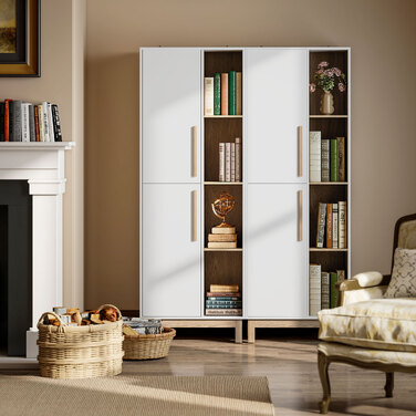 Книжкова шафа 176 см, 4 відкриті полиці та 2 шухляди, біла, МДФ