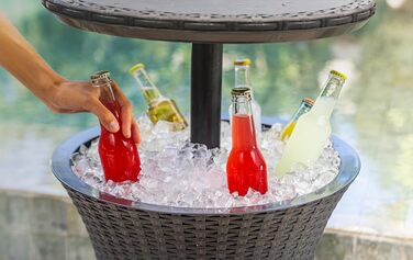 Столик для коктейлів Keter Pacific Cool Bar 3-в-1: столик, кофейний столик та холодильник для відпочинку на відкритому повітрі, ротанговий дизайн, стійкий до УФ та погодних умов, антрацит, об'єм холодильника 30л